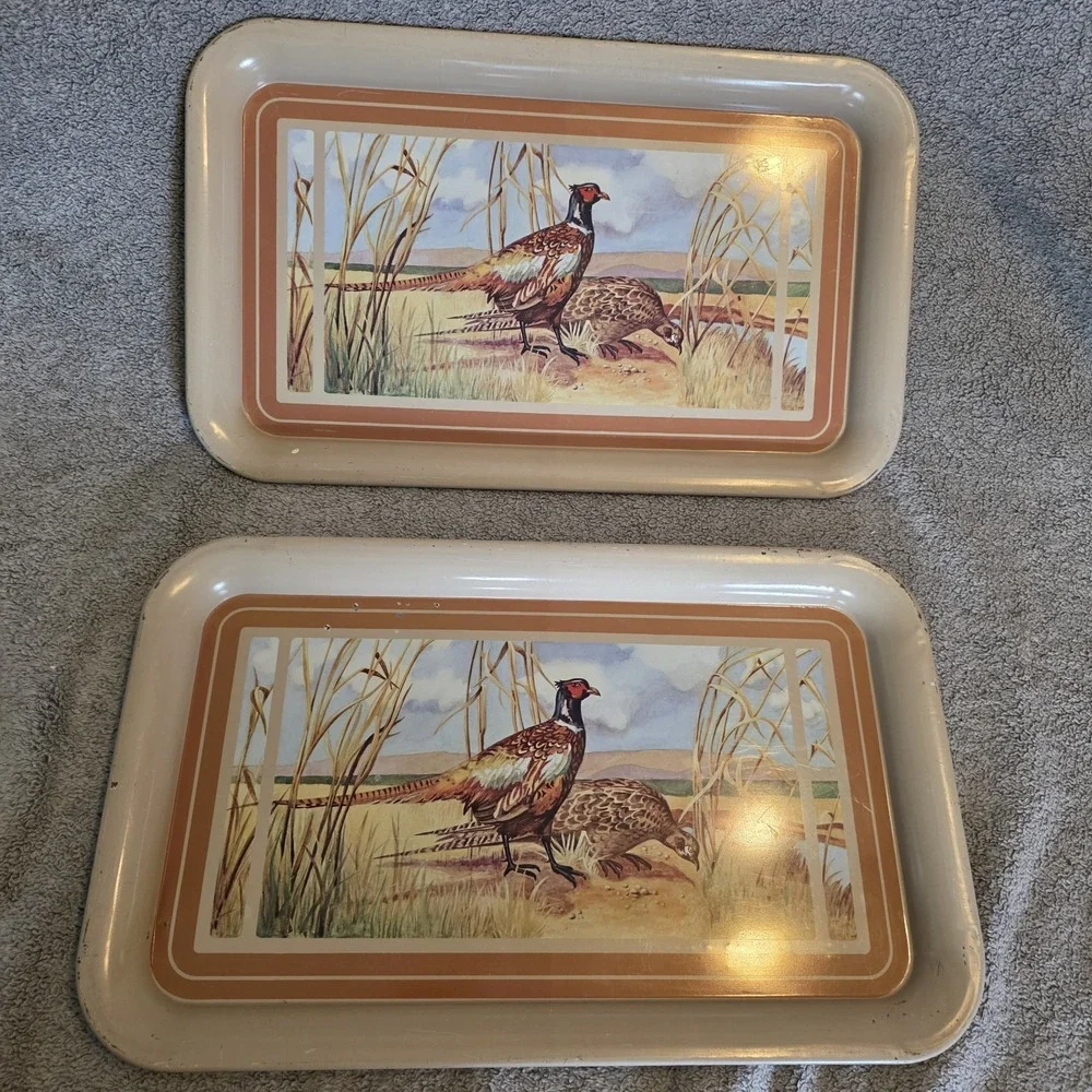 2 Vintage Pheasant Metal Serving Trays Birds Country Wild